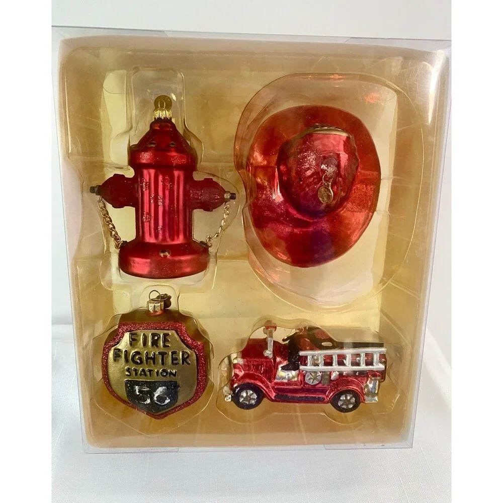 Department 56 Fire Fighter Glass Ornaments Firetruck Hat Hydrant Badge 2001 NOS